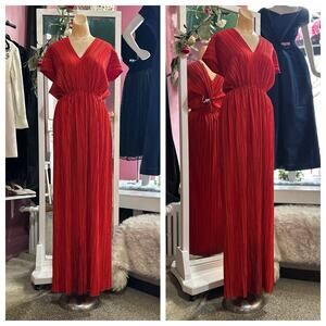 Vintage 70s 80s Pleated Maxi Dress Red Blouson Disco Glam Evening Party S/M/L